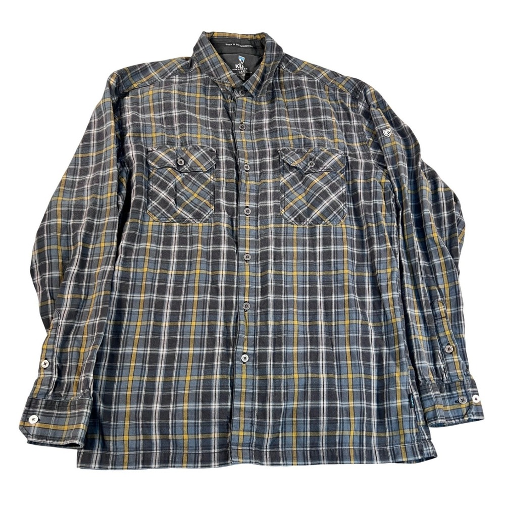 Kuhl Mens Large Plaid Button Down Shirt Blue Yellow Cotton Tencel Long Sleeve - Picture 2 of 9